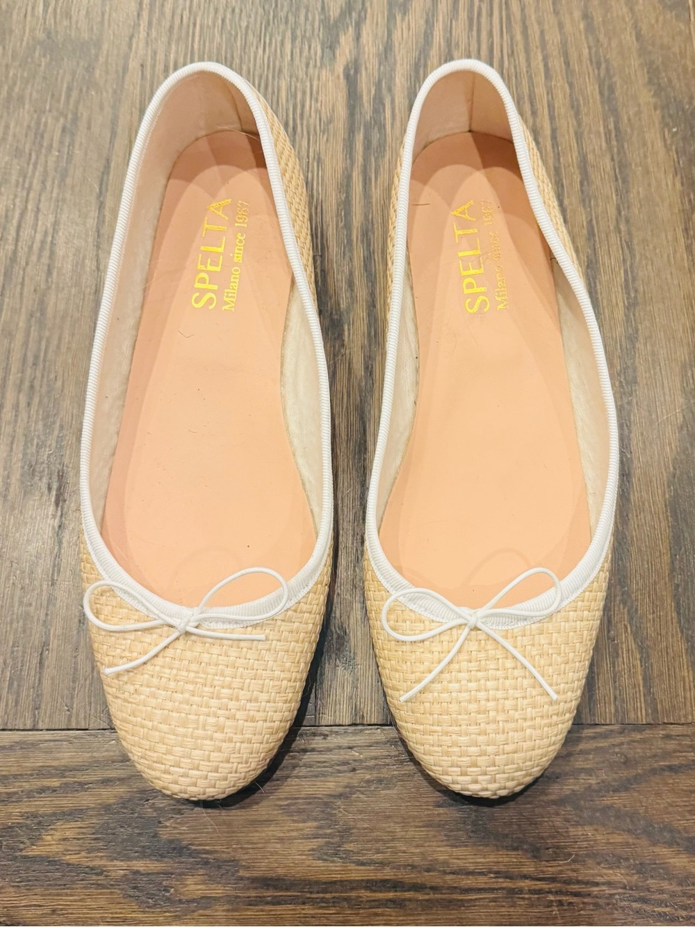 NWT Spelta Milano Nicole Ballerina Ballet Flats Natural Raffia/ White Leather 9
